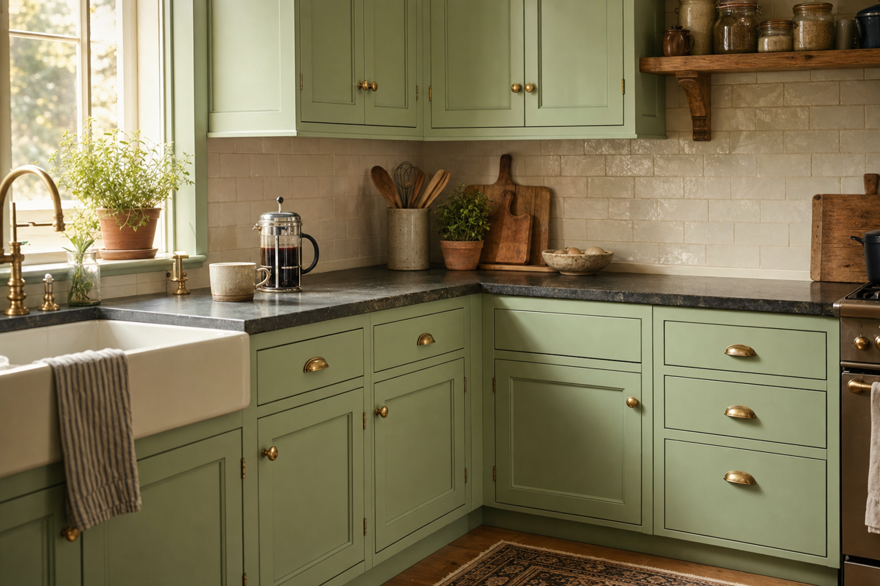 Oh Pistachio by Sherwin-Williams on cabinets