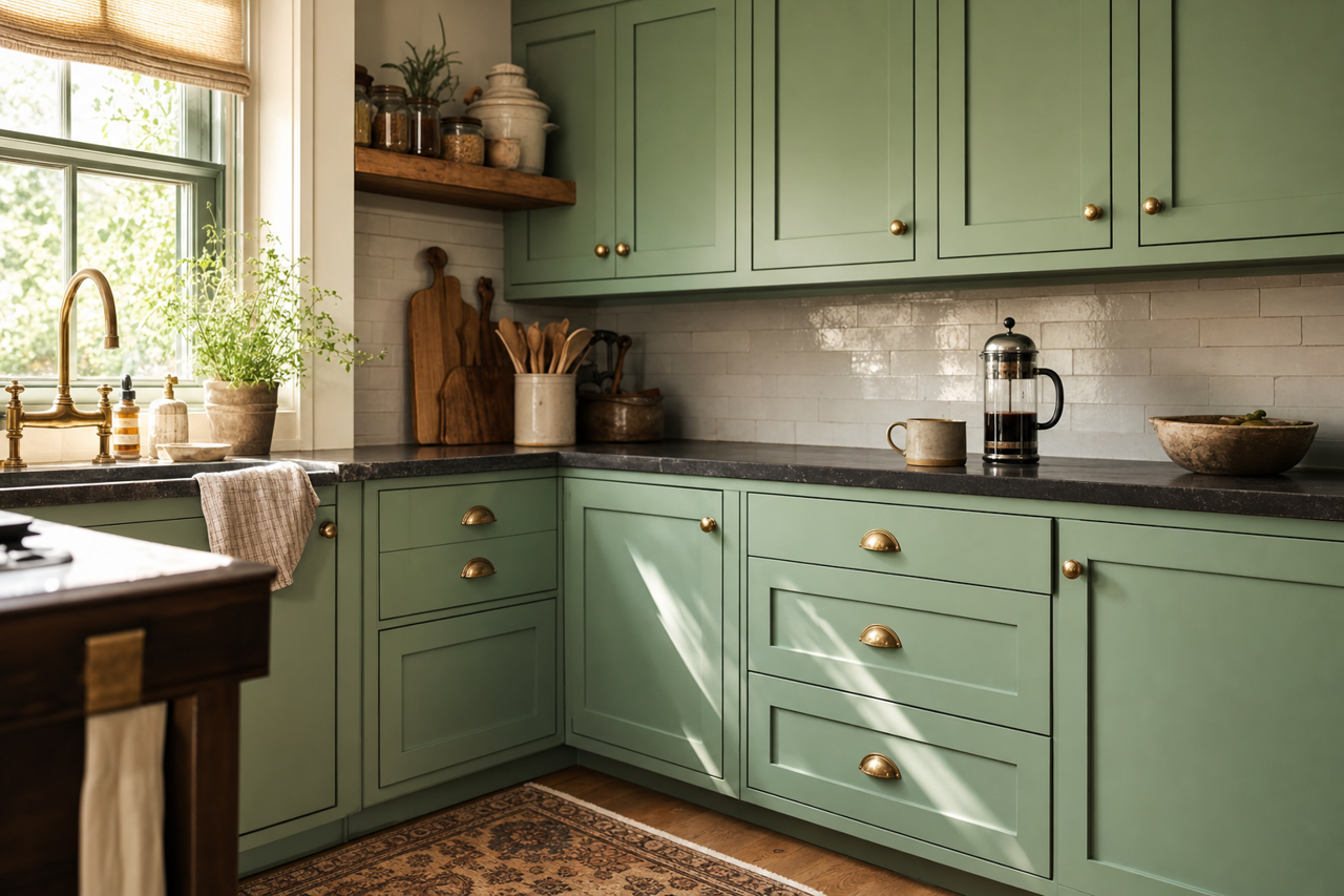 Frosted Emerald by Sherwin-Williams on cabinets