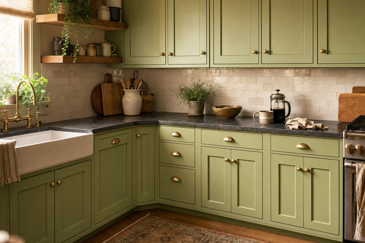Cucuzza Verde by Sherwin-Williams on cabinets