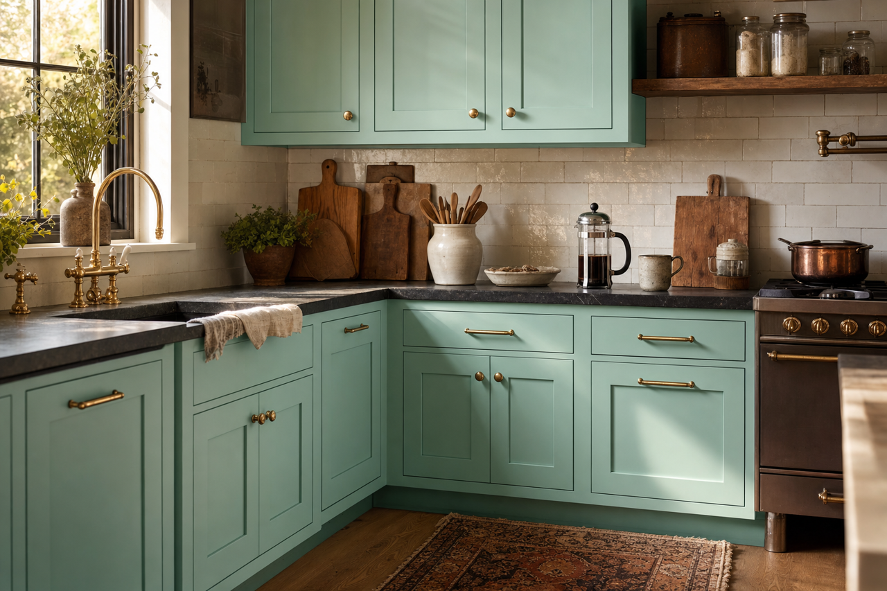 Aquastone by Sherwin-Williams on cabinets