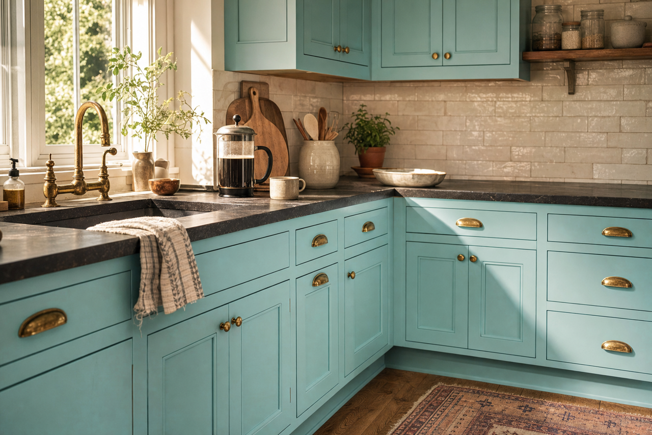 Bora Bora Shore by Sherwin-Williams on cabinets