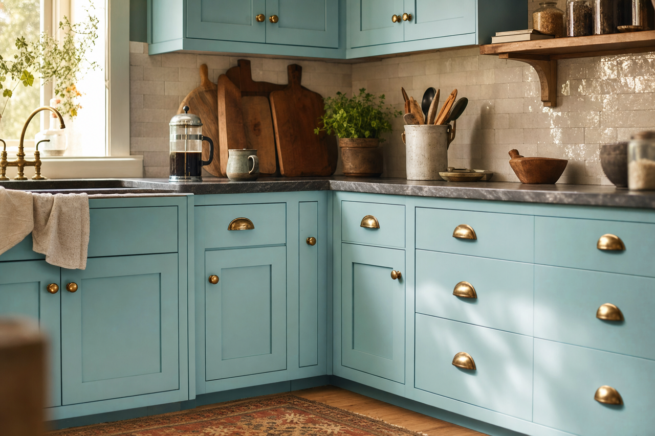 Gentle Aquamarine by Sherwin-Williams on cabinets