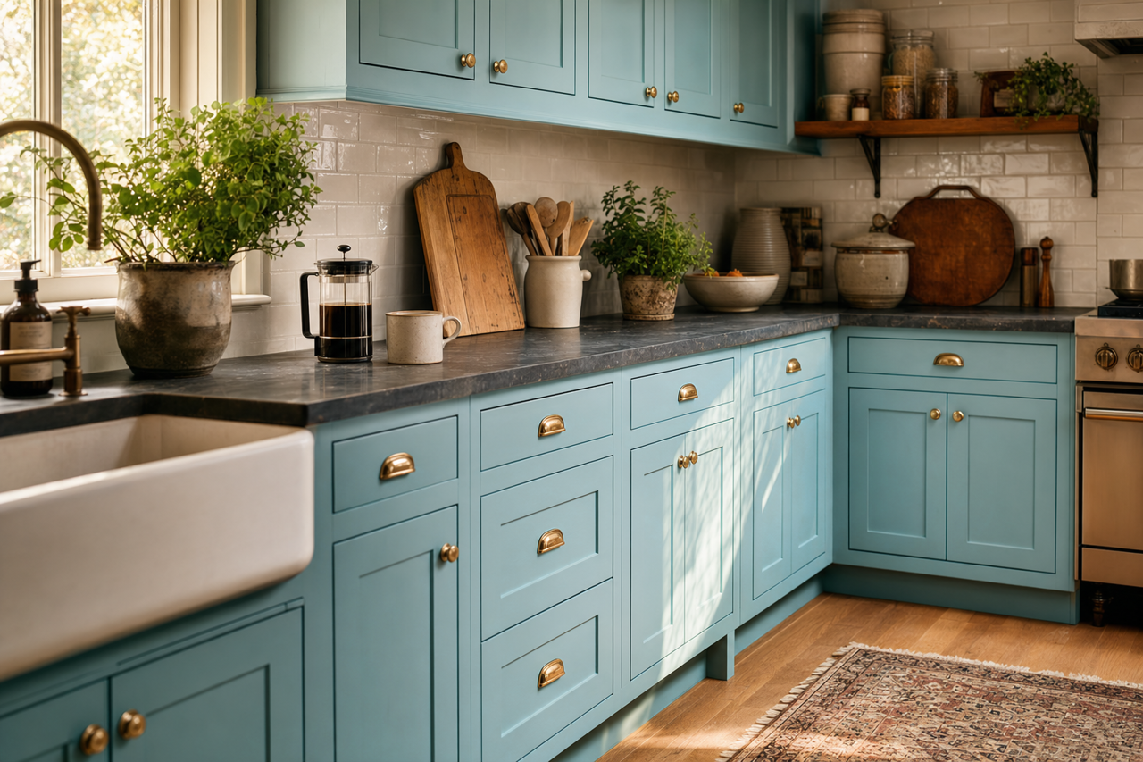 After the Rain by Sherwin-Williams on cabinets