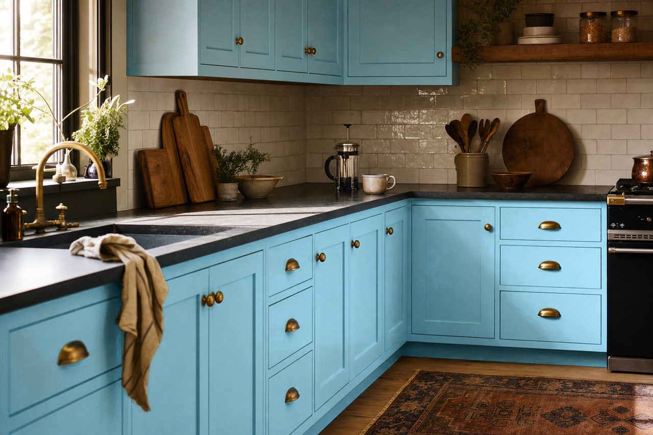 Sky Fall by Sherwin-Williams on cabinets
