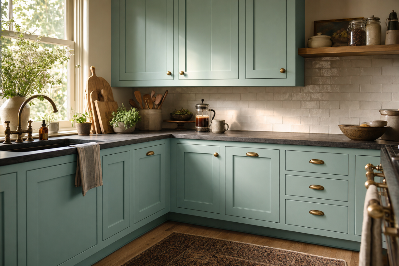 Aquaverde by Sherwin-Williams on cabinets