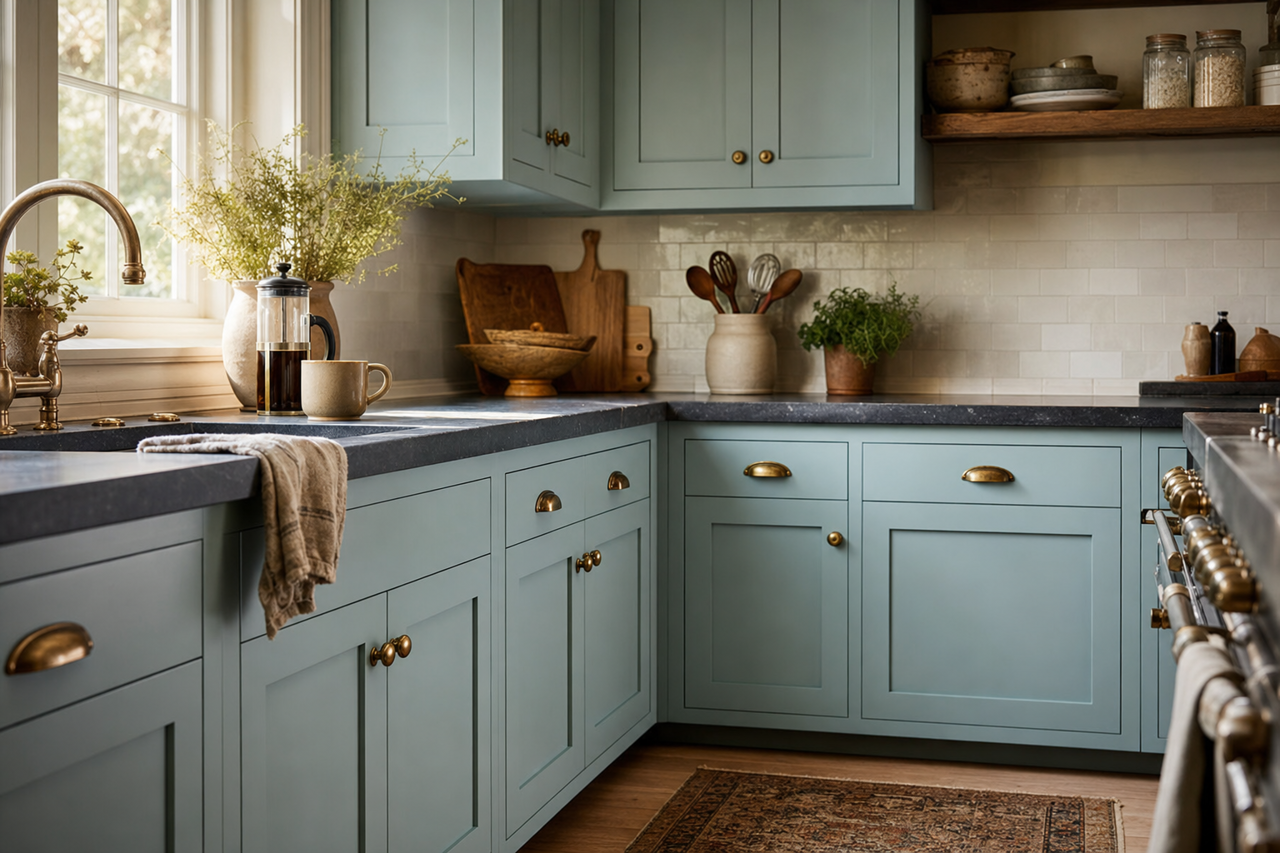 Billowy Breeze by Sherwin-Williams on cabinets