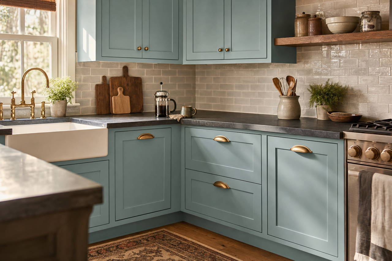 Aquitaine by Sherwin-Williams on cabinets