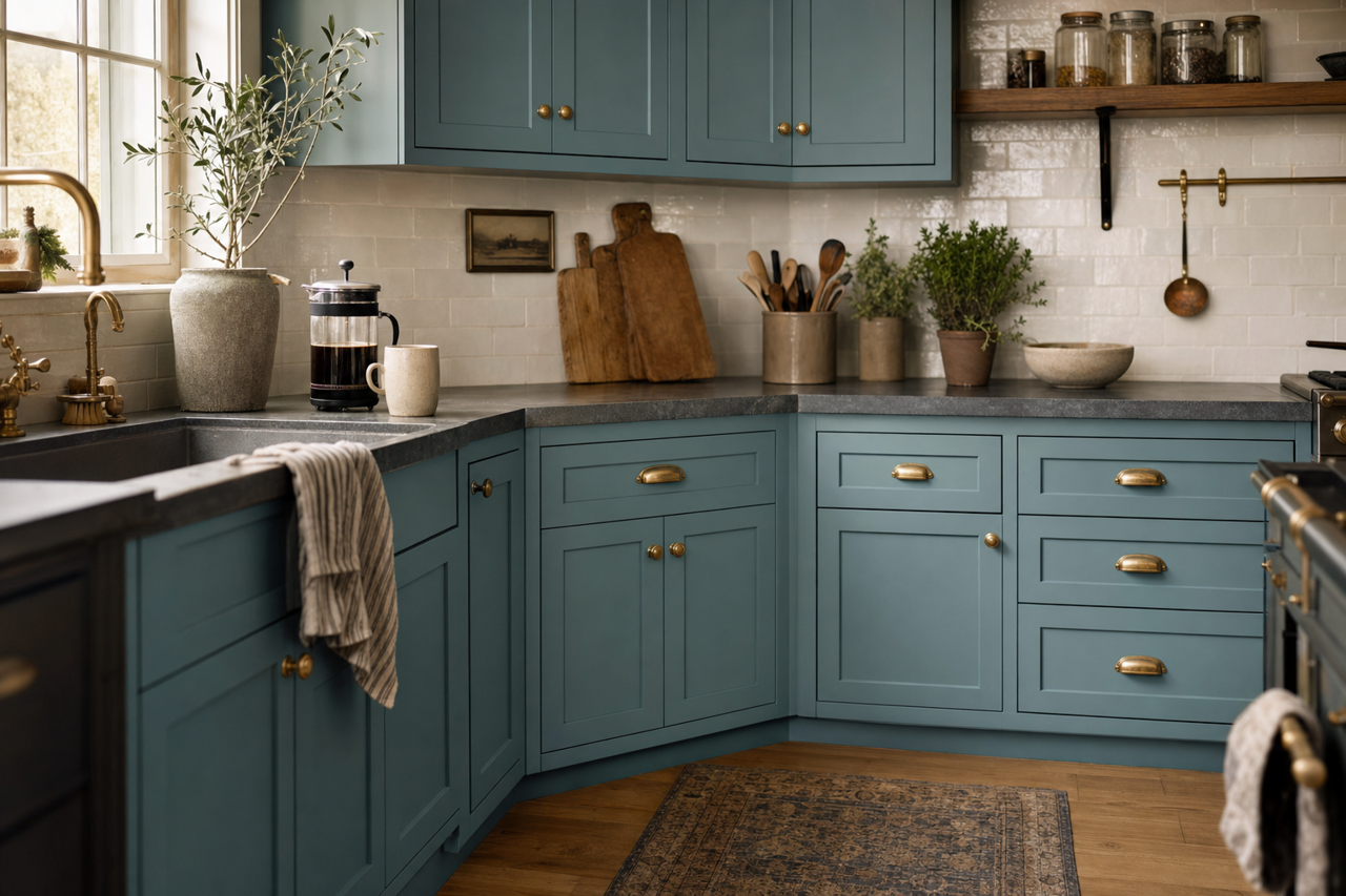 Secret Cove by Sherwin-Williams on cabinets