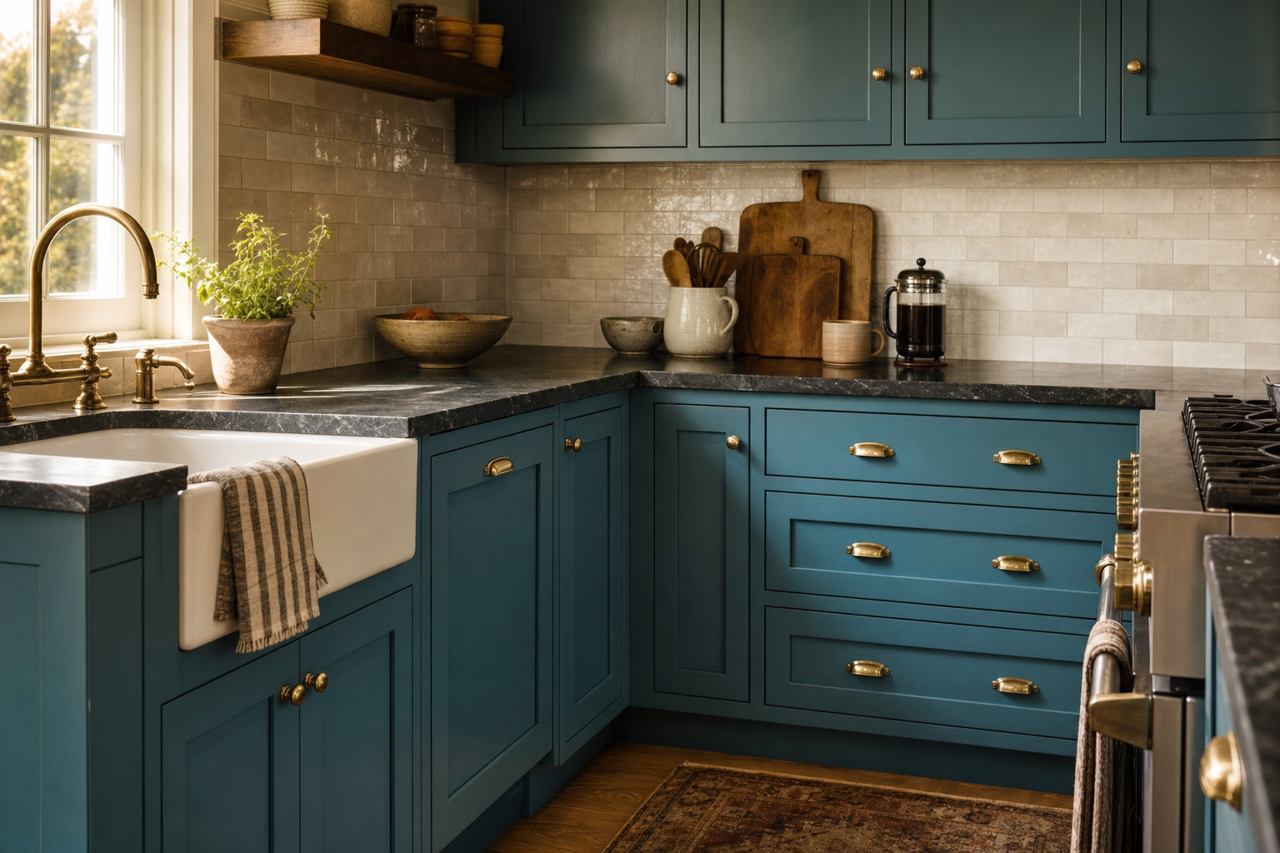Silken Peacock by Sherwin-Williams on cabinets