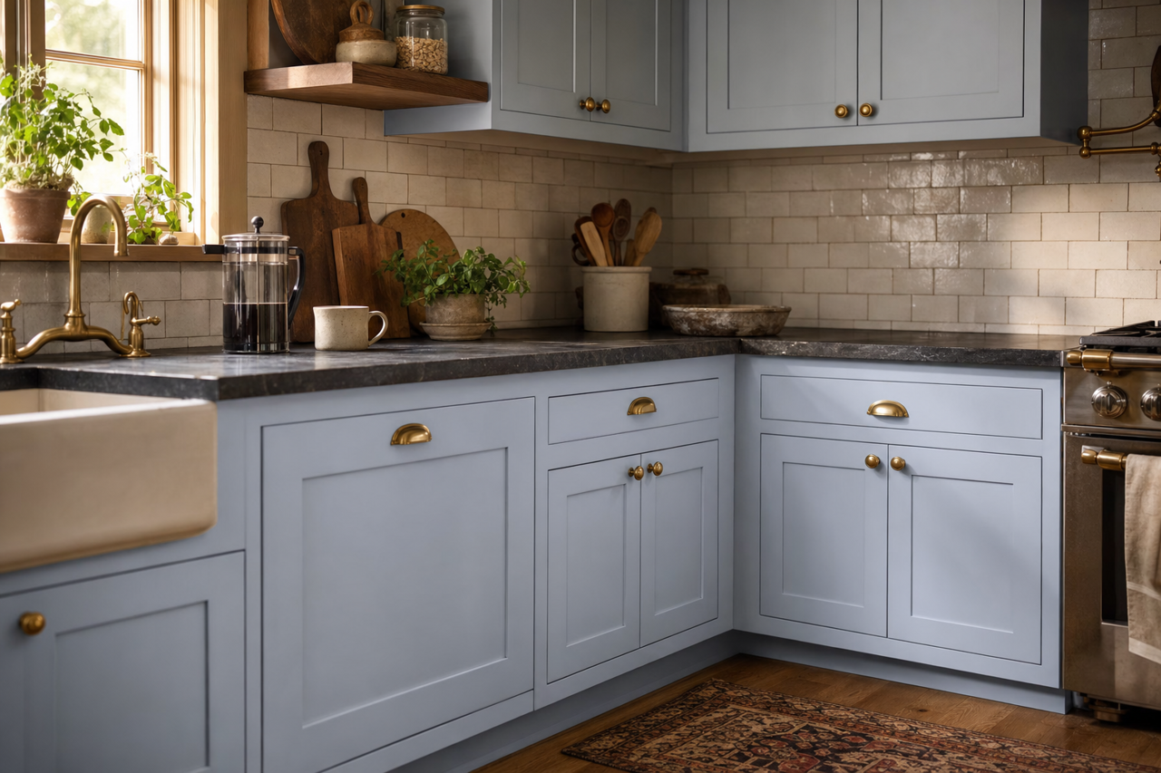 Agapanthus by Sherwin-Williams on cabinets