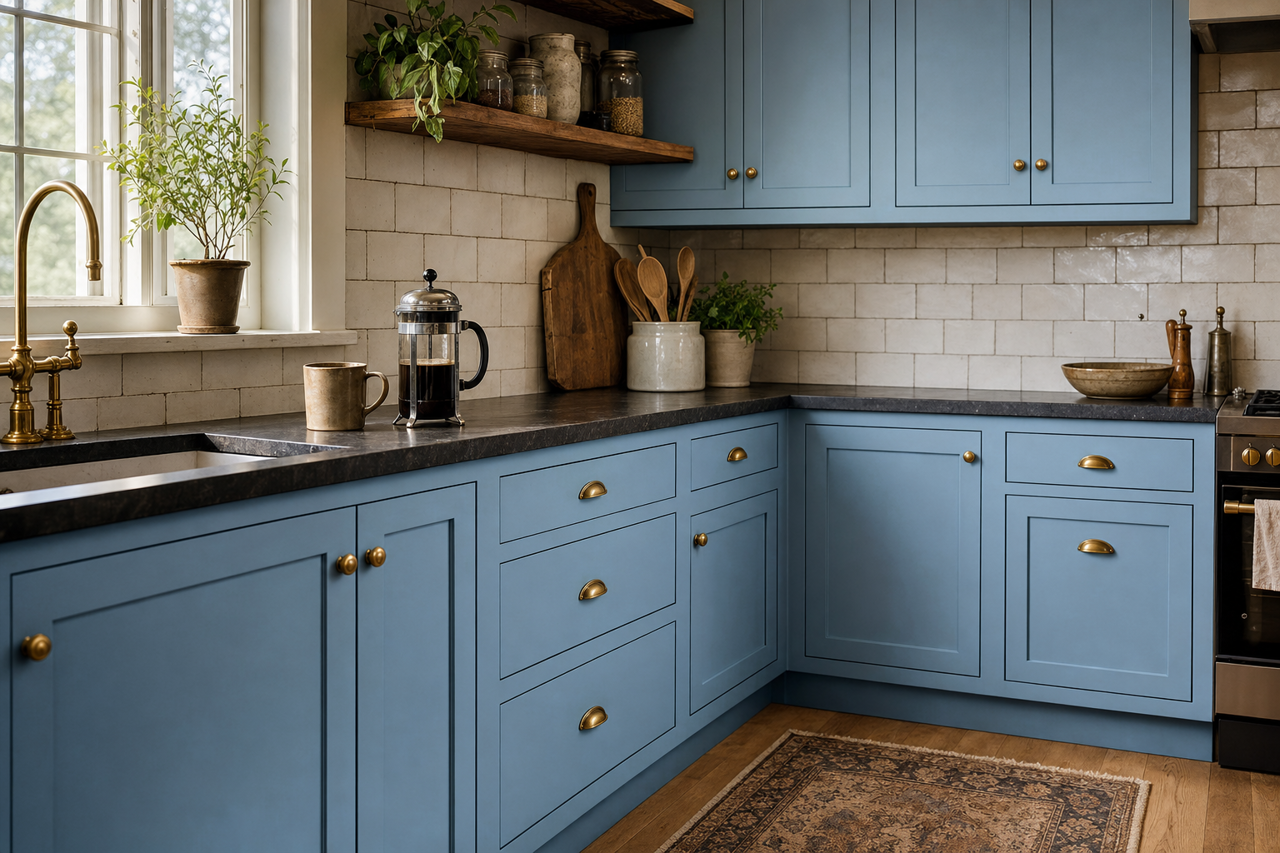 Dyer's Woad by Sherwin-Williams on cabinets