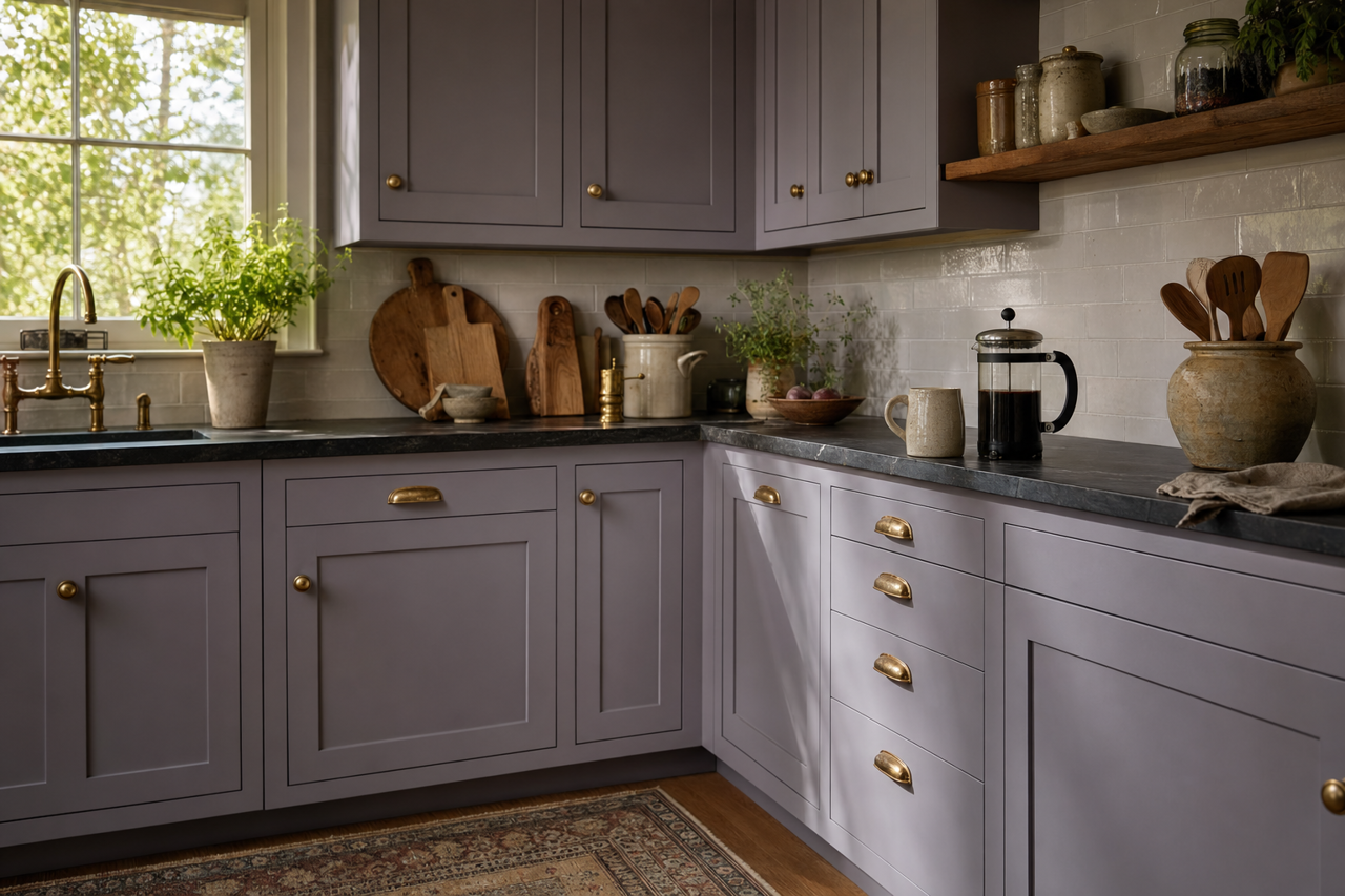 Gentle Grape by Sherwin-Williams on cabinets