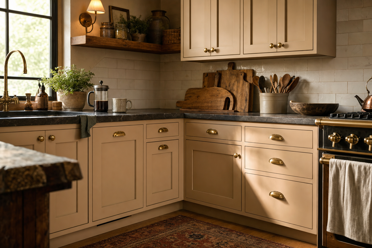 Cool Beige by Sherwin-Williams on cabinets