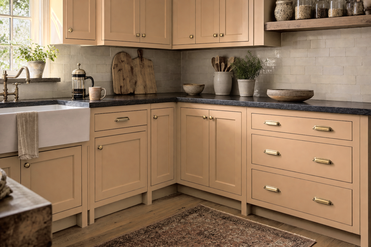 Soft Fawn by Sherwin-Williams on cabinets