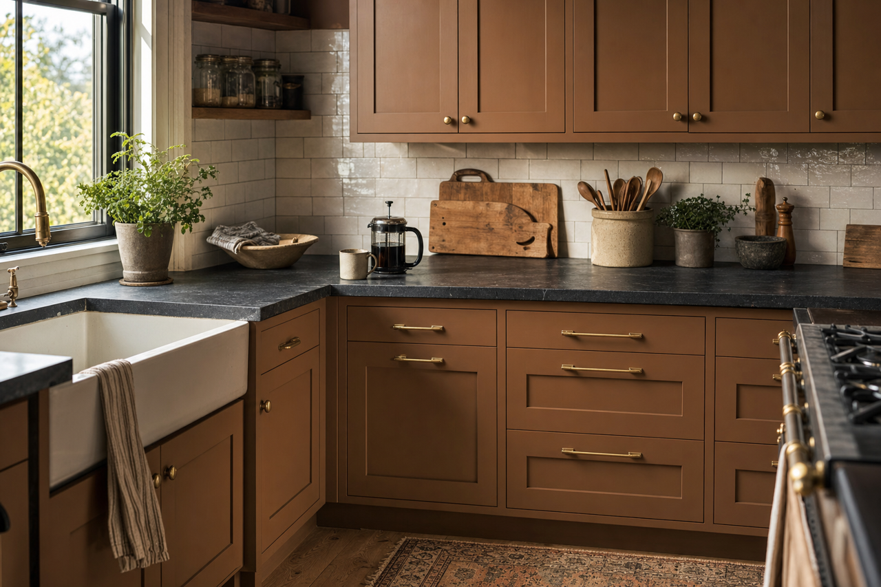 Saddle Up by Sherwin-Williams on cabinets