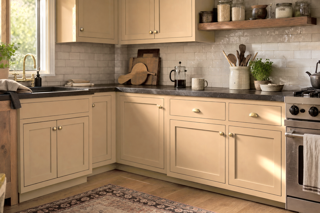 Farro by Sherwin-Williams on cabinets