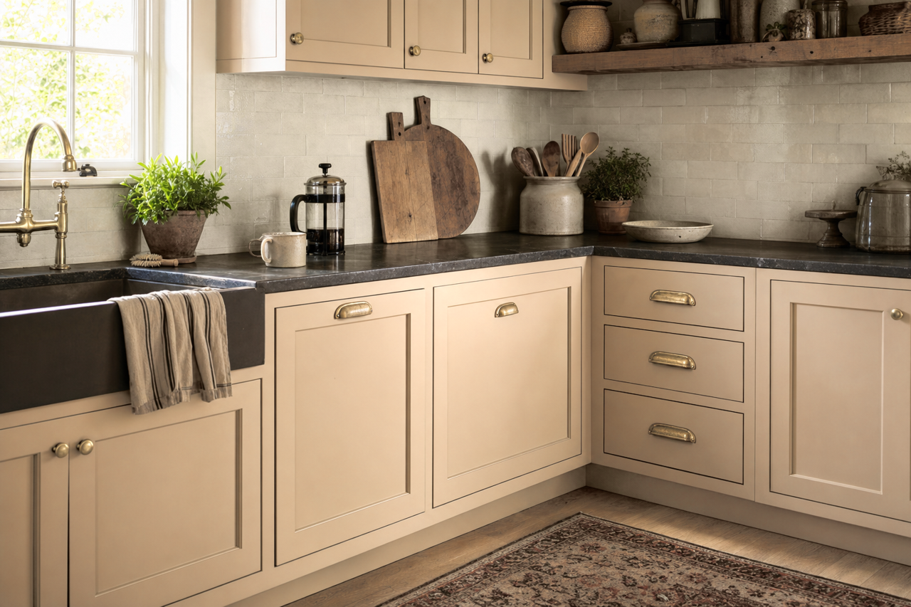 Antler Velvet by Sherwin-Williams on cabinets