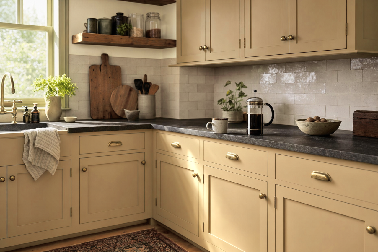 Tarnished Treasure by Sherwin-Williams on cabinets