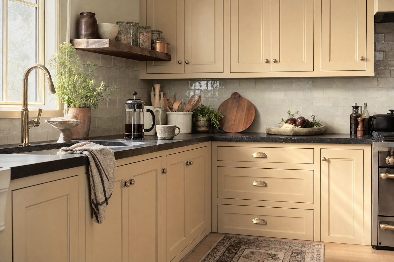 Tumblin' Tumbleweed by Sherwin-Williams on cabinets