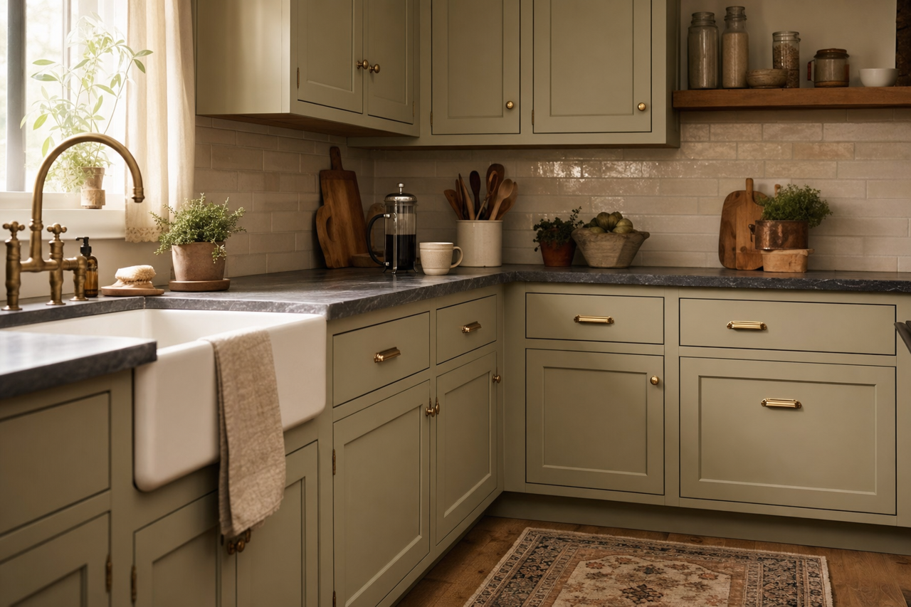 At Ease Soldier by Sherwin-Williams on cabinets
