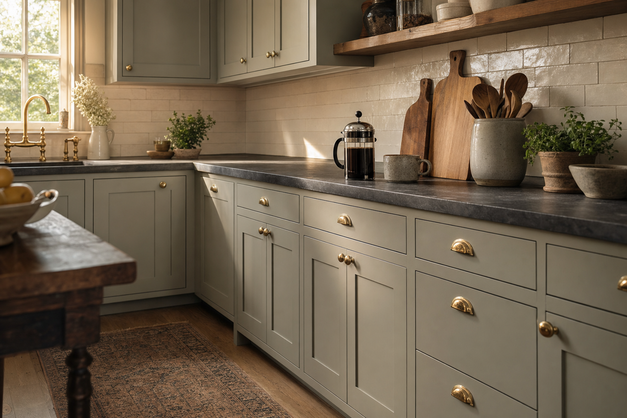 Evergreen Fog by Sherwin-Williams on cabinets