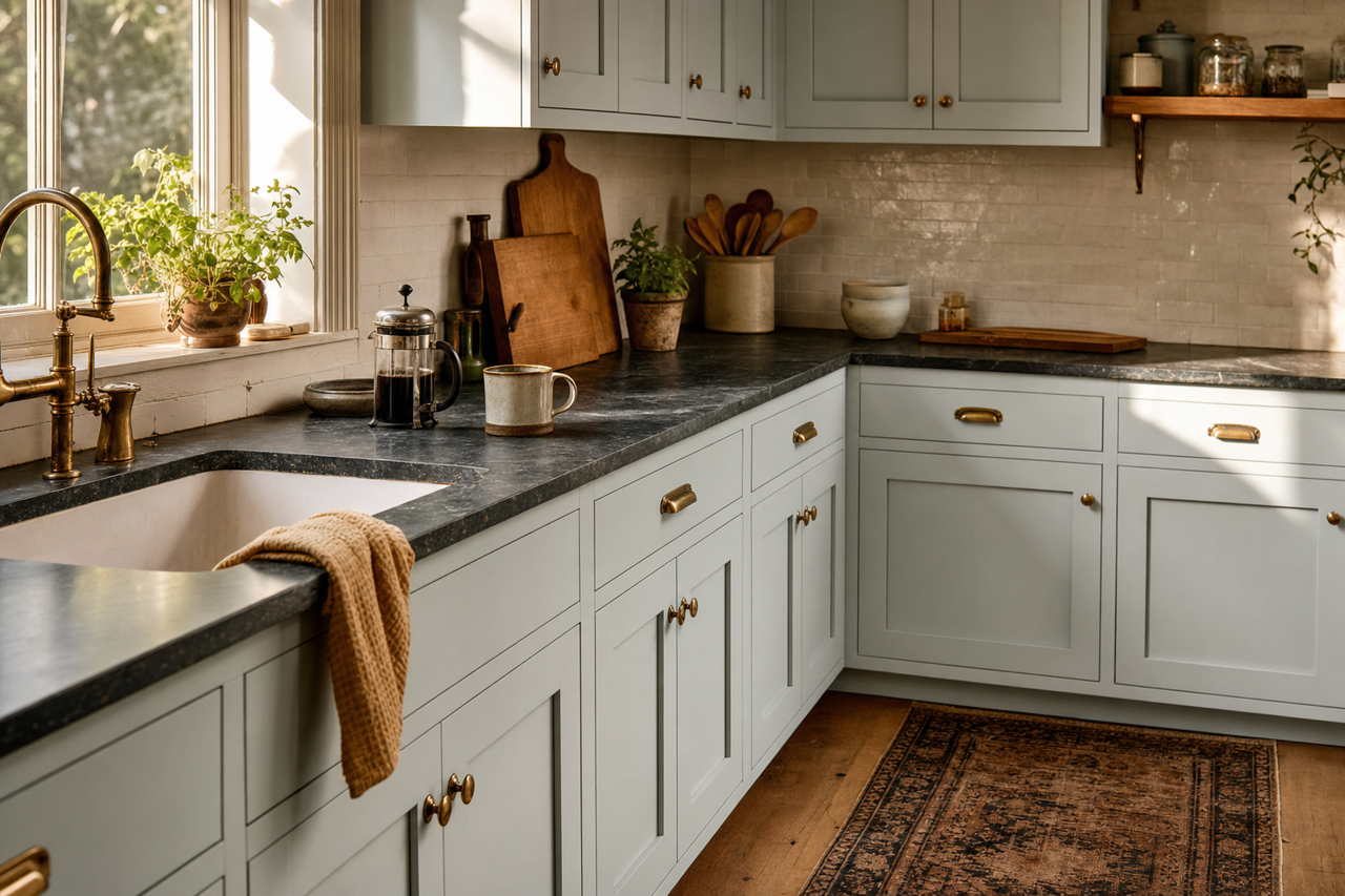 Lullaby by Sherwin-Williams on cabinets