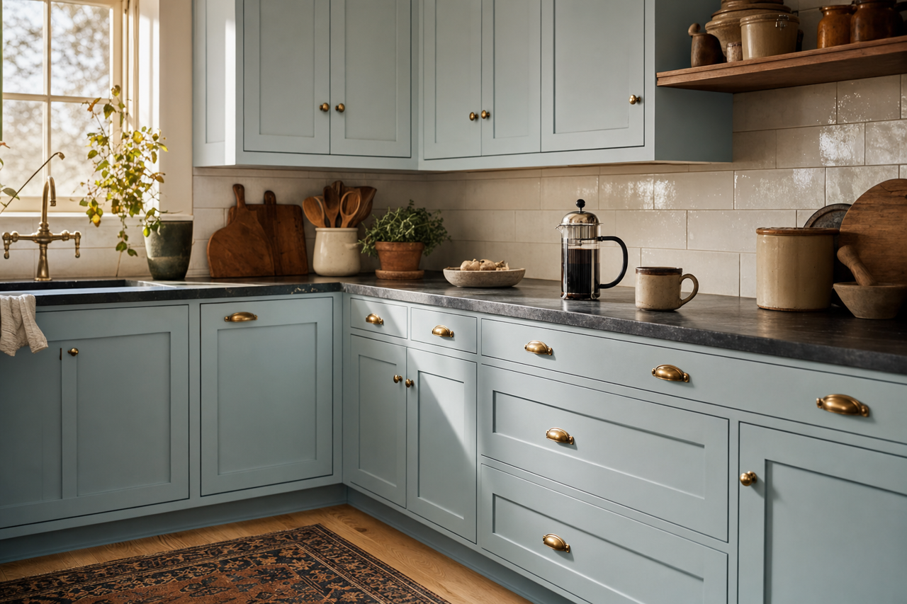 Niebla Azul by Sherwin-Williams on cabinets