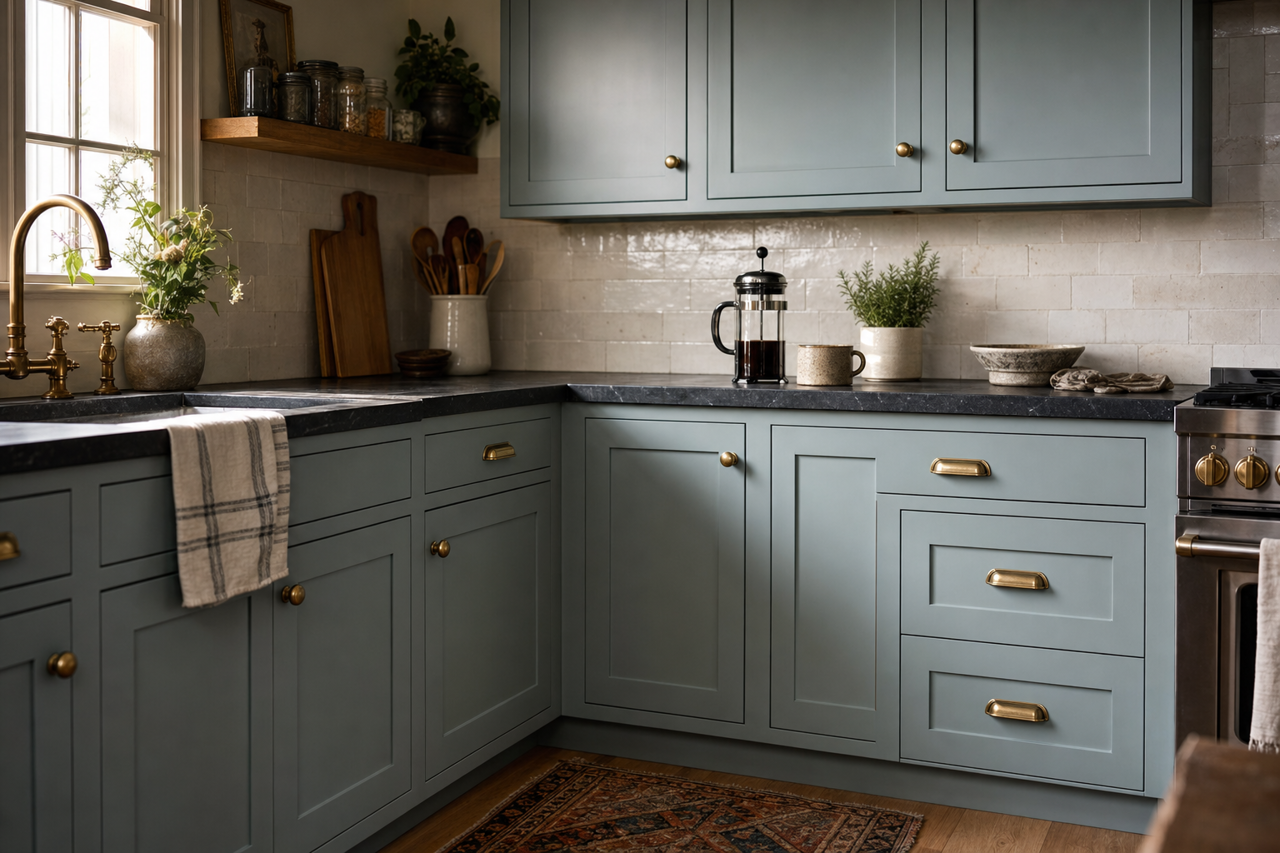 Debonair by Sherwin-Williams on cabinets