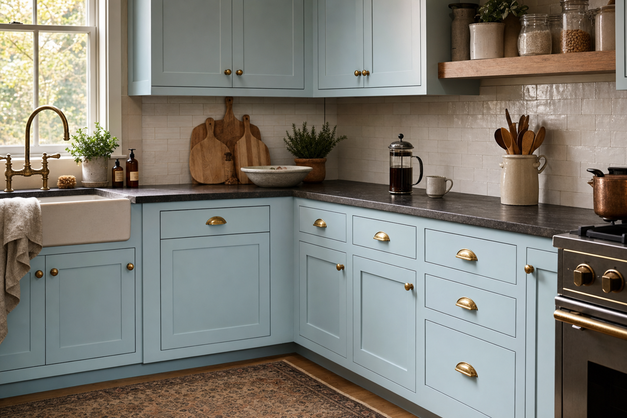 Sleepy Hollow by Sherwin-Williams on cabinets
