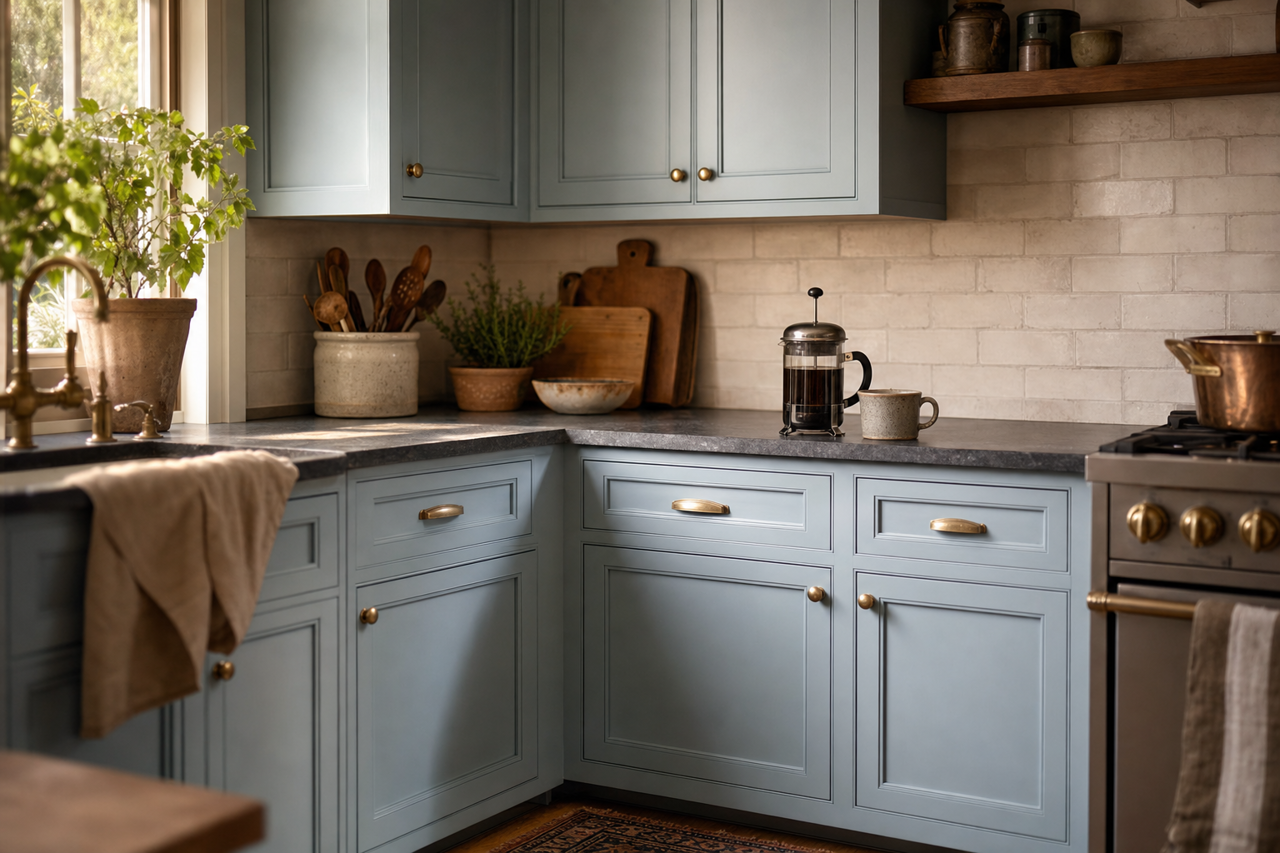 Faded Flaxflower by Sherwin-Williams on cabinets