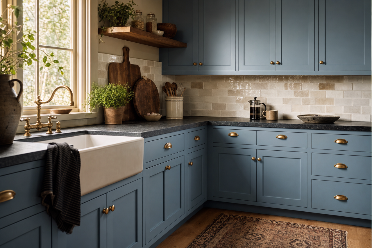 Smoky Azurite by Sherwin-Williams on cabinets
