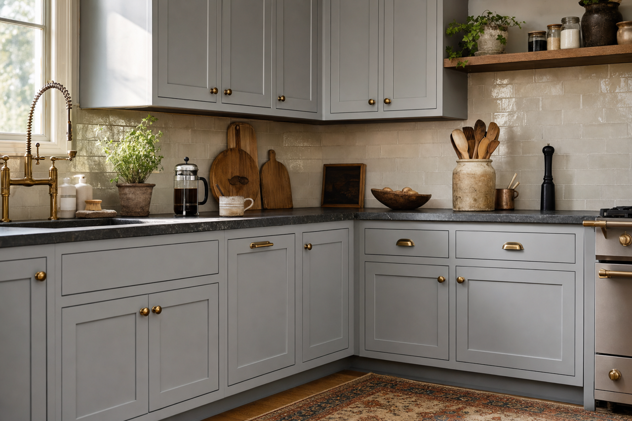 Dustblu by Sherwin-Williams on cabinets