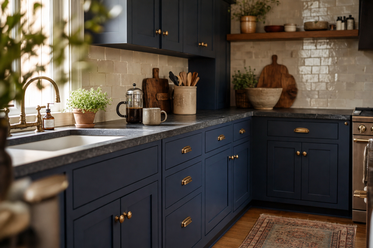 In the Navy by Sherwin-Williams on cabinets