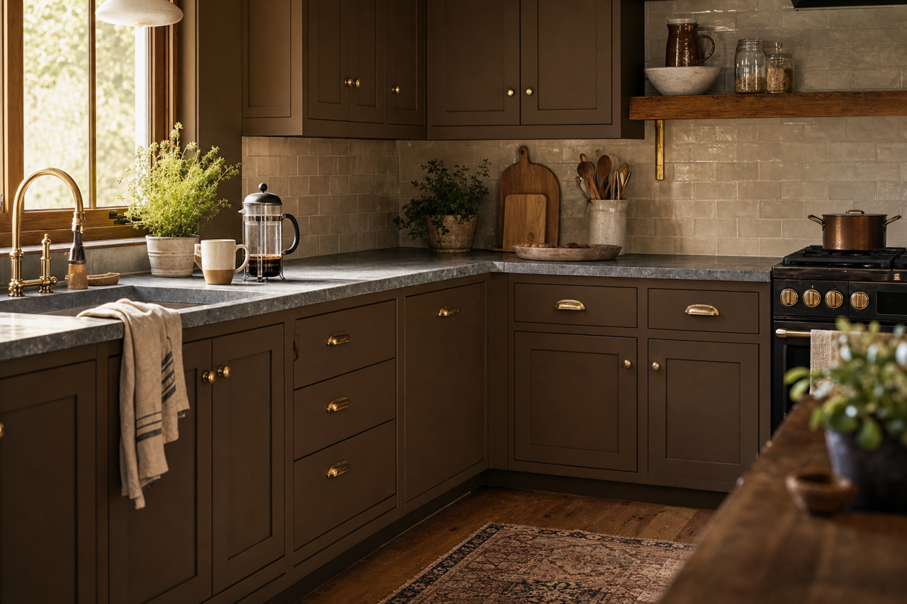Dark Clove by Sherwin-Williams on cabinets