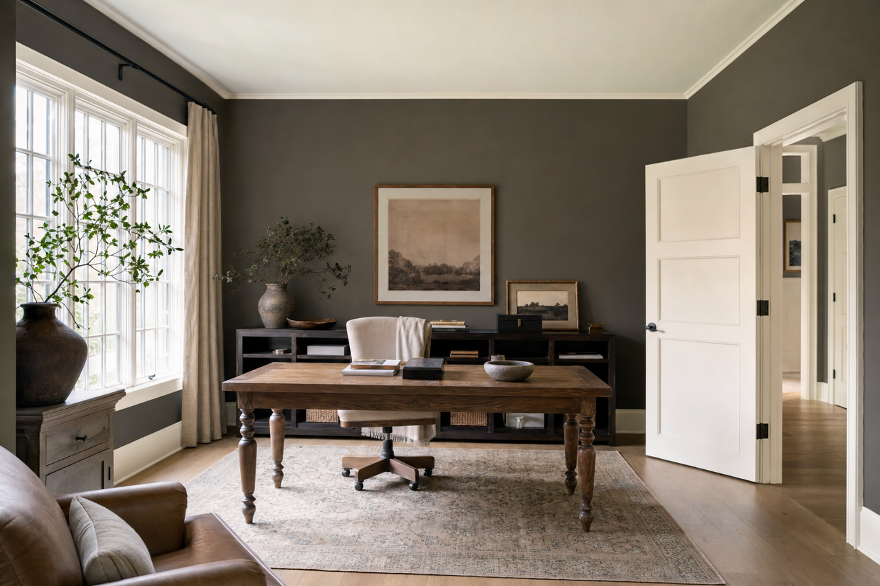 A room designed with Urbane Bronze in the Wild Fox Color Visualizer