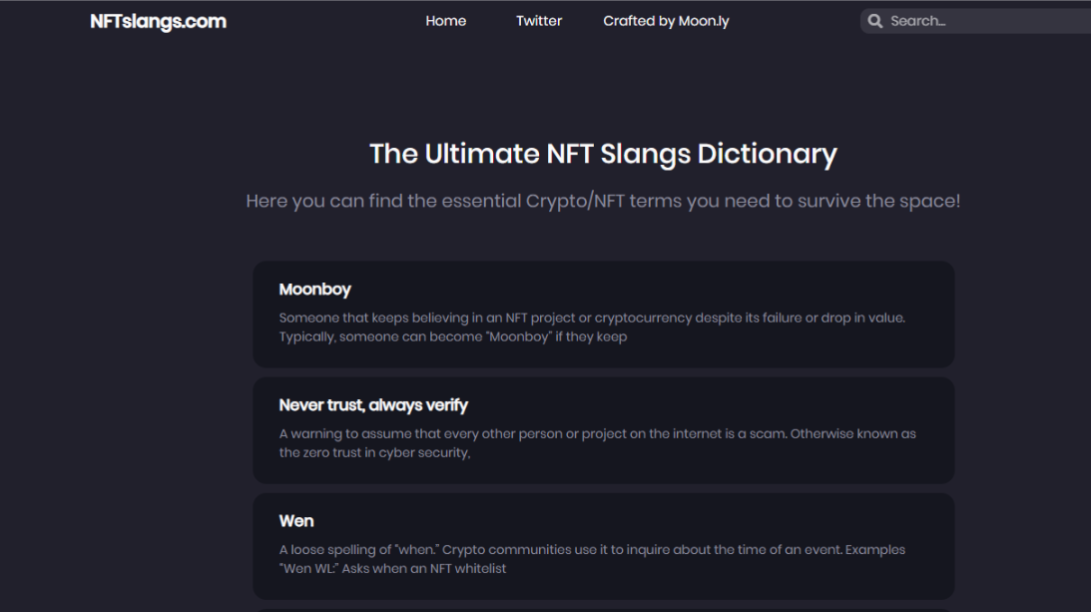 NFTslangs - The Ultimate NFT Slangs Dictionary : Moonly : shtefcs