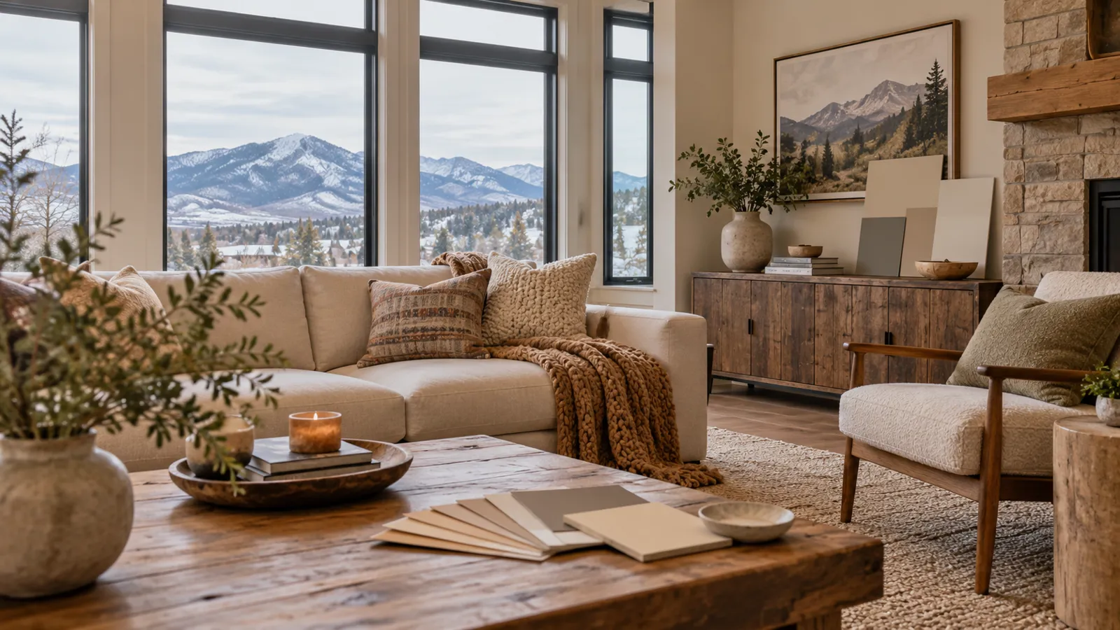 Warm neutral paint colors and samples in a north-facing Colorado living room with cool natural light and mountain views.