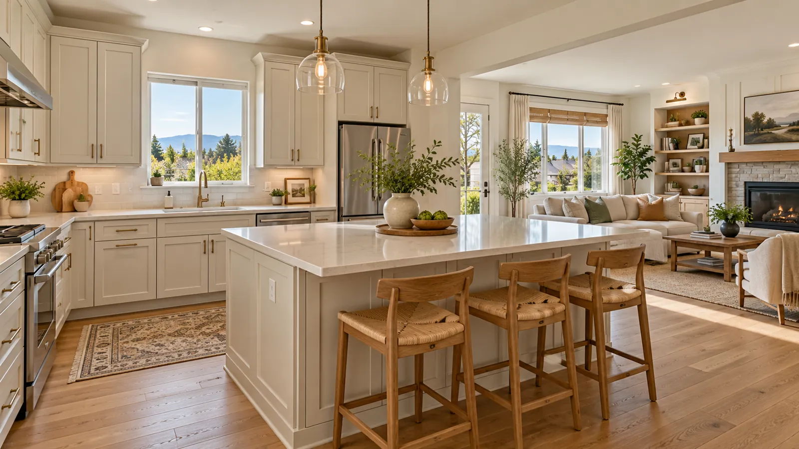 Freshly updated Highlands Ranch kitchen and living area with painted cabinets, warm neutral walls, white trim, and modern finishes in an older builder-grade home.
