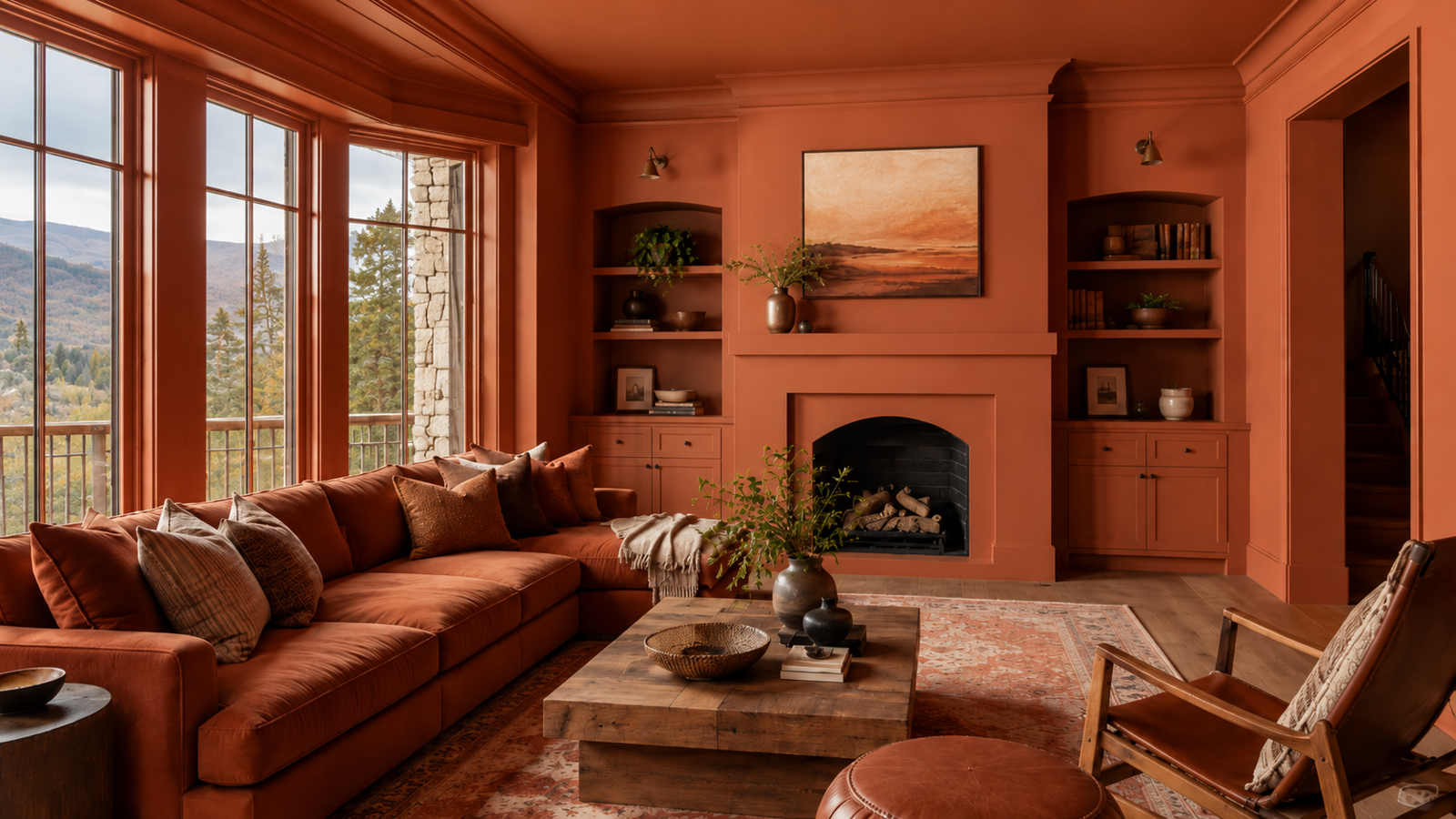 Color-drenched Colorado living room with terracotta walls, ceiling, trim, built-ins, and fireplace.