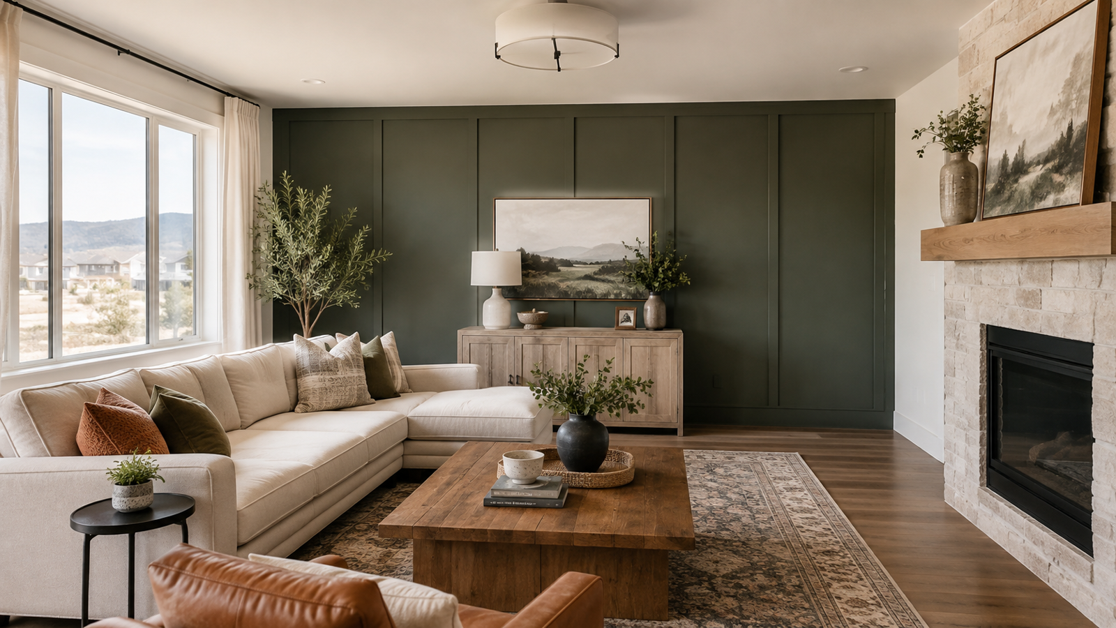 Modern Colorado living room with a deep green board-and-batten accent wall, warm wood finishes, neutral furniture, and natural light.