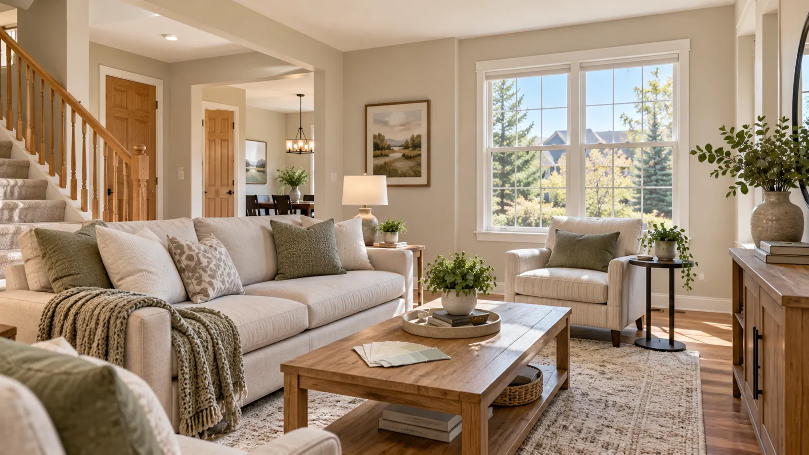 Freshly updated Highlands Ranch living room with warm neutral walls, natural wood trim, soft green accents, and bright natural light.