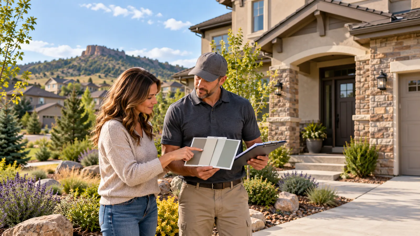 Homeowner reviewing exterior paint color samples with a painting contractor in front of a Castle Rock home during the HOA approval process.