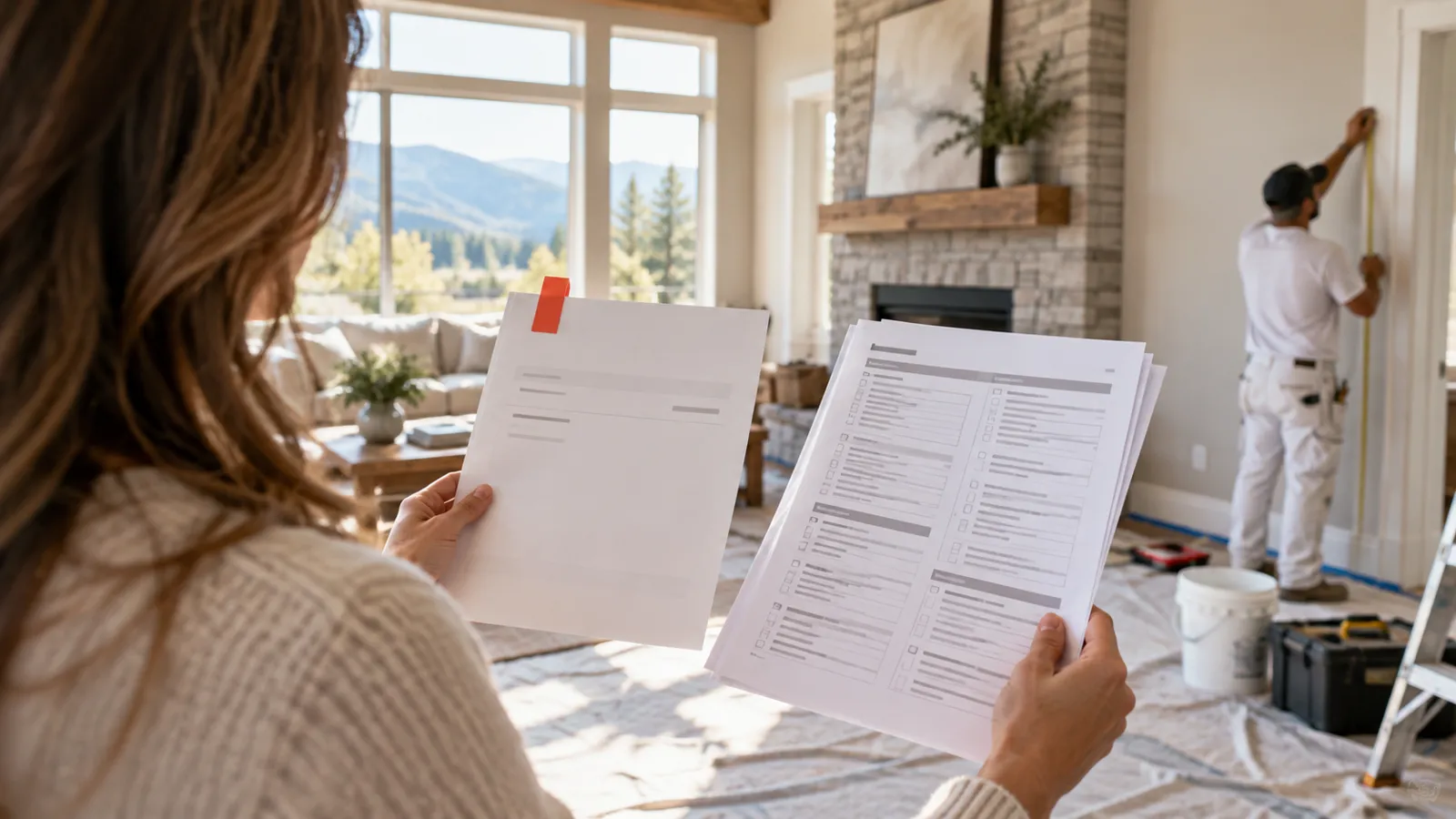 Homeowner comparing painting estimates while a professional painter measures the room, highlighting what to look for in a detailed painting bid.