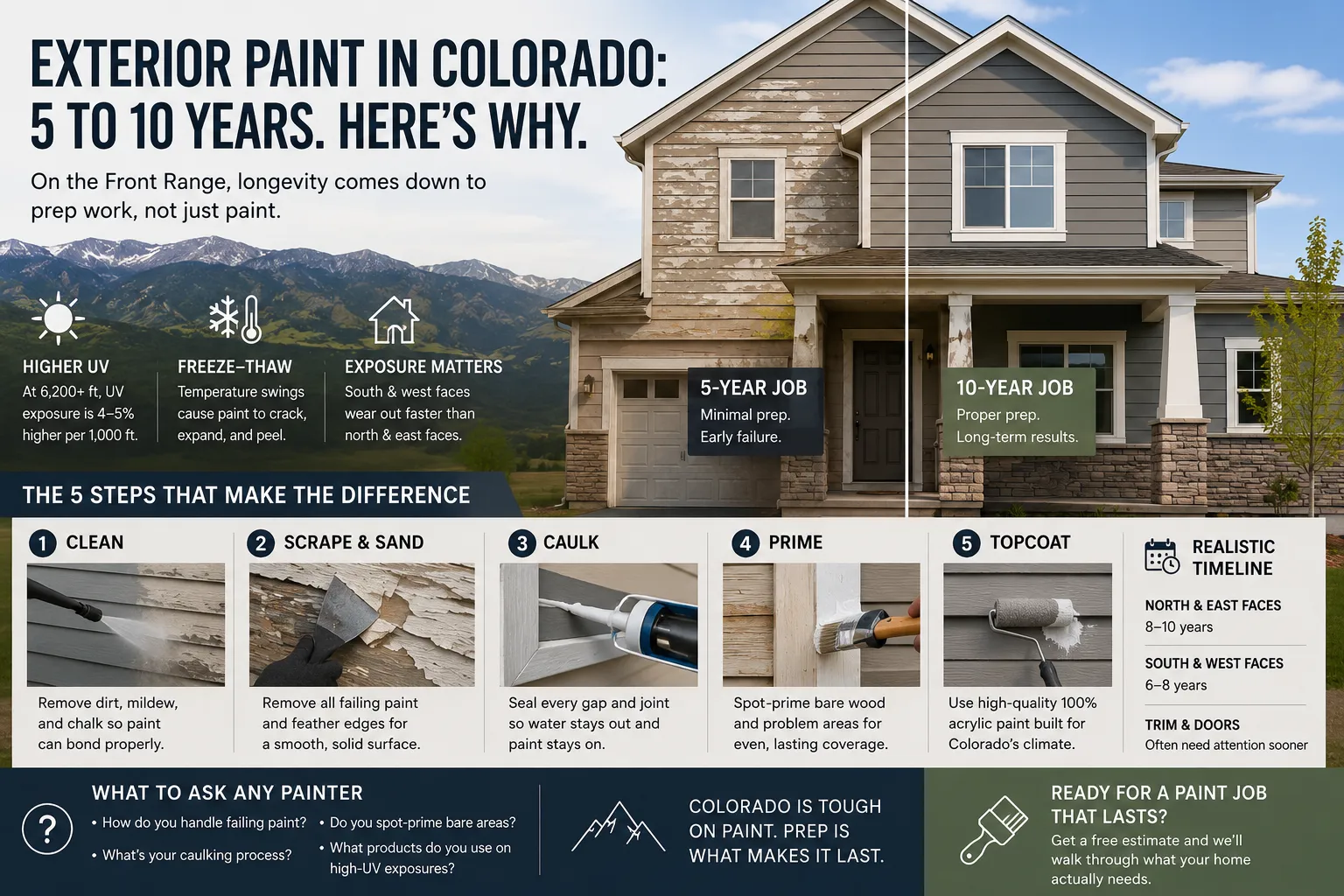 Colorado home exterior showing a split comparison between failing paint and a properly prepared, freshly painted finish, with examples of cleaning, scraping, caulking, priming, and top coating.