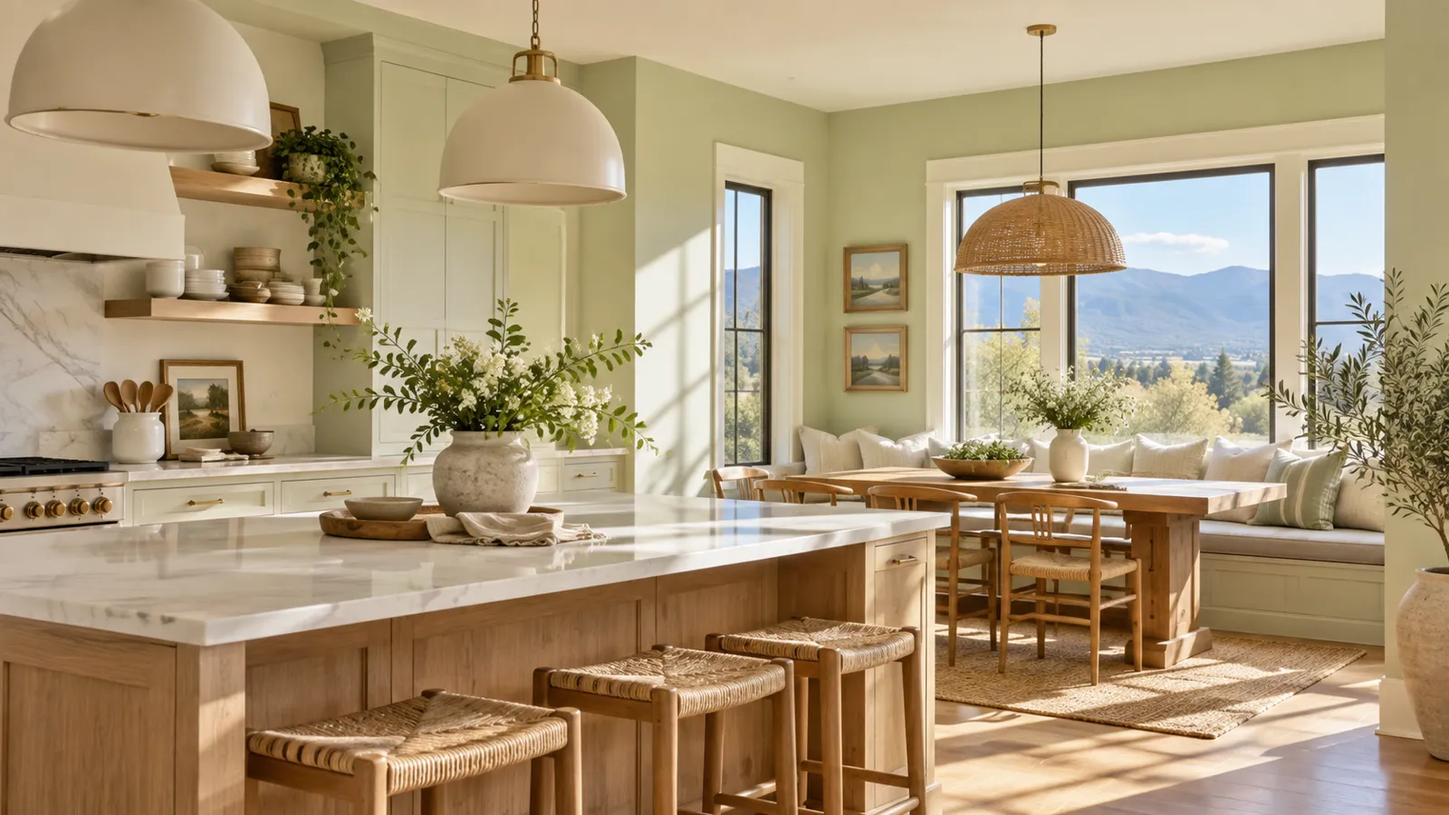 Sunlit kitchen and dining space painted in Sherwin-Williams Celery SW 6421 with warm wood accents, white cabinetry, and natural Colorado light.